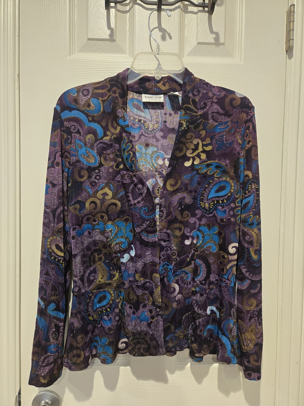 Chico's Travelers Women's Paisley Jacket Purple Blue Brown Lightweight Streachy